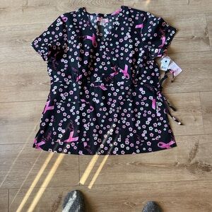 Koi Pink Ribbon Floral Scrub Top